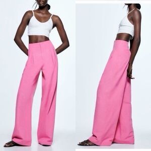 New ZARA Women’s Size M Pink Linen Blend High Waisted Pleated Wide Leg Pants